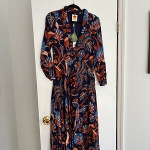 Farm Rio- Blue Nature Beauty Long Sleeve Maxi Dress, NWT, Size S